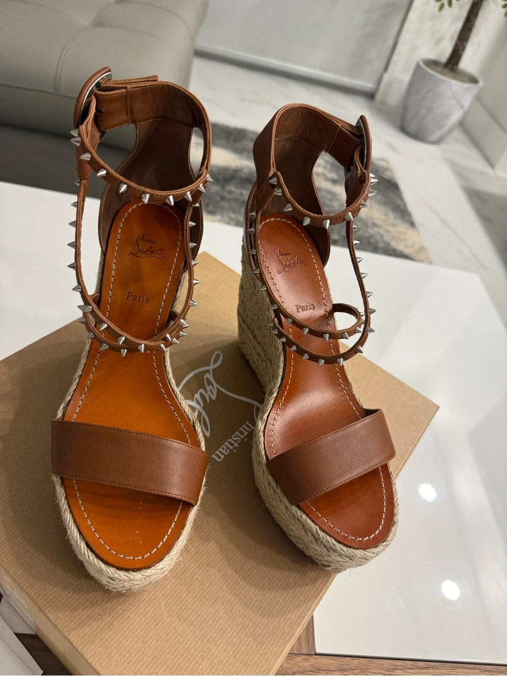Christian Louboutin Natural Tan Chocazeppa Spikes Wedge Platform Espadrille 40